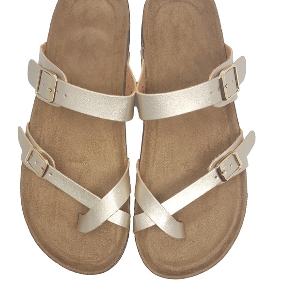 Gold Faux Leather Toe Wrap Birk Buckle Sandals - Picture 2 of 5